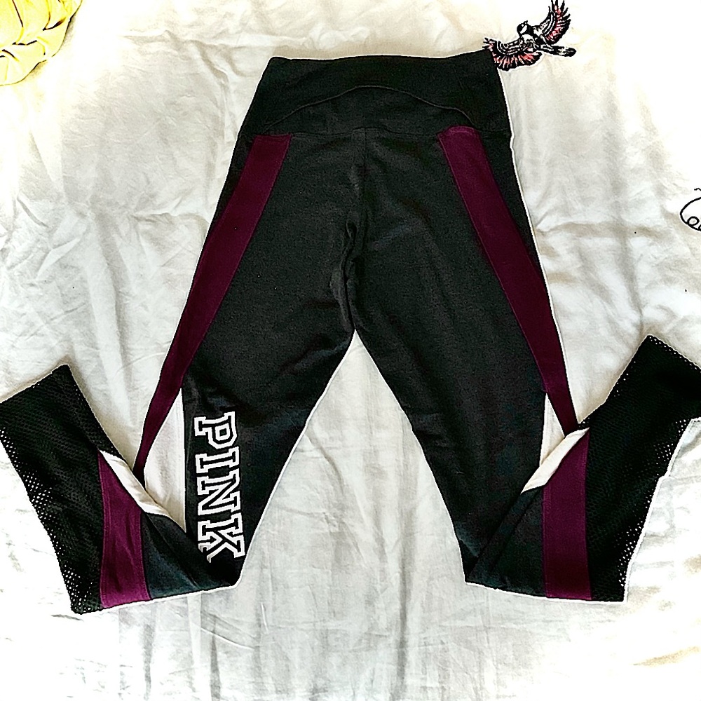 PINK by VS XS leggings Dark Gray Burgundy White fishnet & hidden pockets EUC - Picture 1 of 7